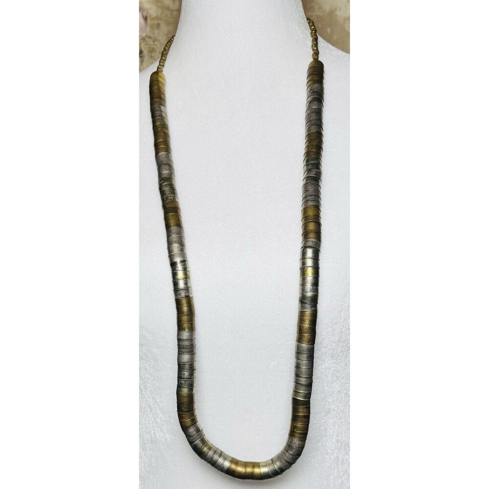 Heavy Two Tone Metal Disc Bead Necklace 38” Industrial Brutalist Boho Statement